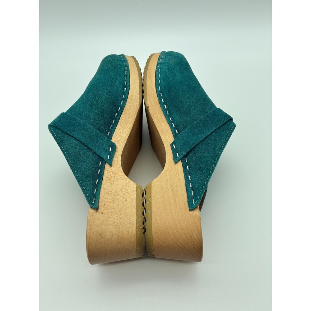 Swedish Hasbeens Teal Suede Clogs, Size 37 (US 6.5-7), Wood Sole Slip-On Mules - Picture 4 of 11
